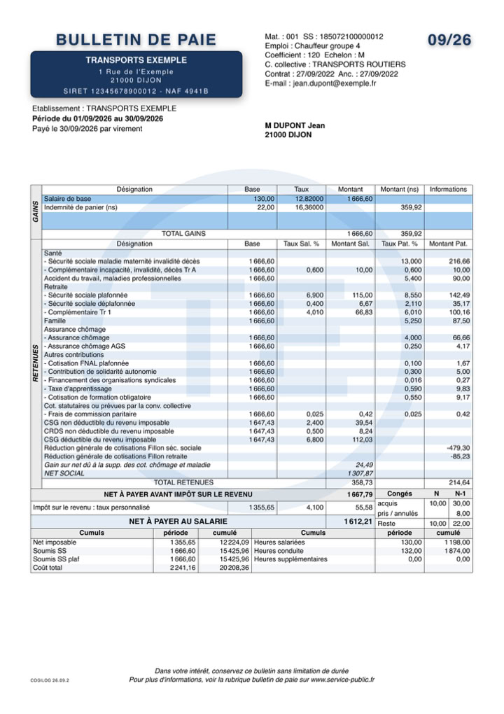 Exemple de bulletin de salaire